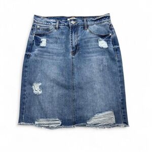 Kensie blue denim pencil skirt with distressed details and back slit size 6